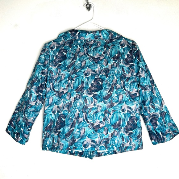 Vintage 60s Cropped Satin Jacket Psychedelic Pattern Sailor Collar 3/4 Sleeve M - Picture 2 of 16